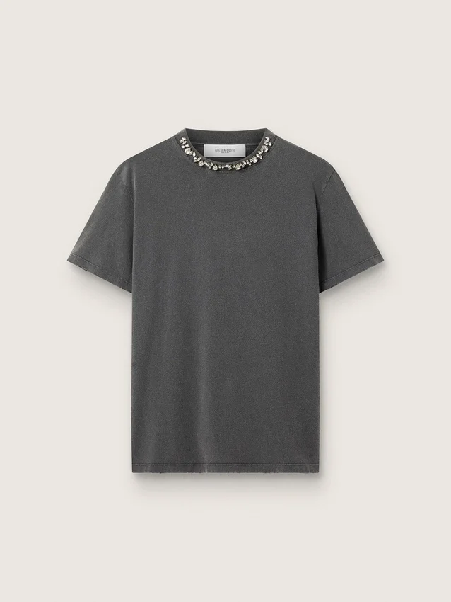 Camiseta para mujer en gris antracita con cristales