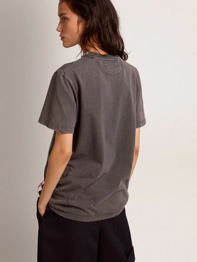Camiseta para mujer en gris antracita con cristales