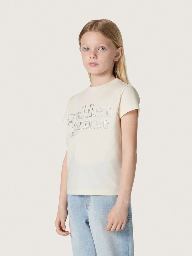 Camiseta para niñas «Journey» de jersey de algodón blanco con tachuelas plateadas