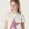 Camiseta para niñas «Star» en jersey de algodón blanco con estrella rosa brillante