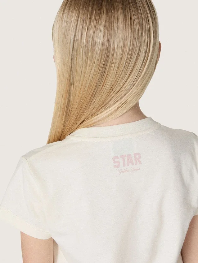 Camiseta para niñas «Star» en jersey de algodón blanco con estrella rosa brillante