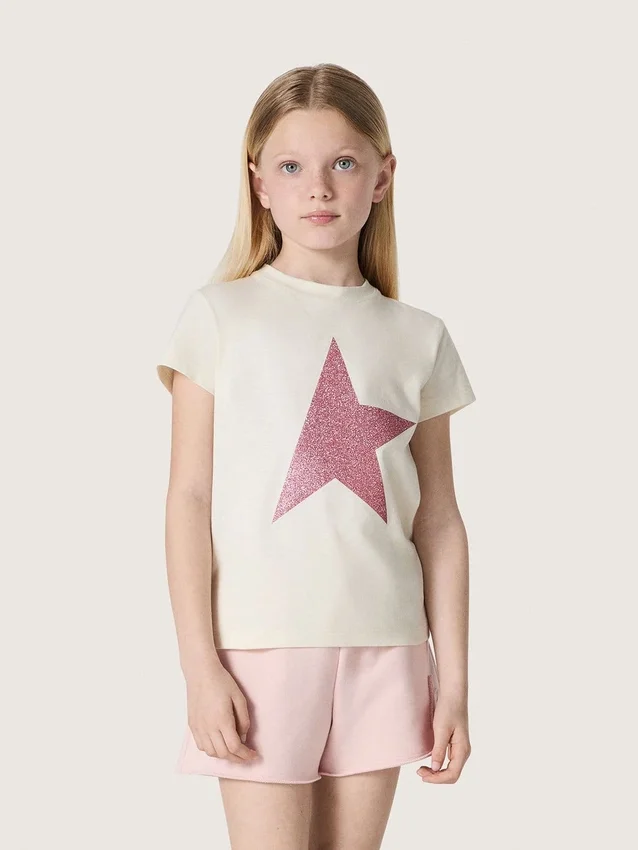 Camiseta para niñas «Star» en jersey de algodón blanco con estrella rosa brillante