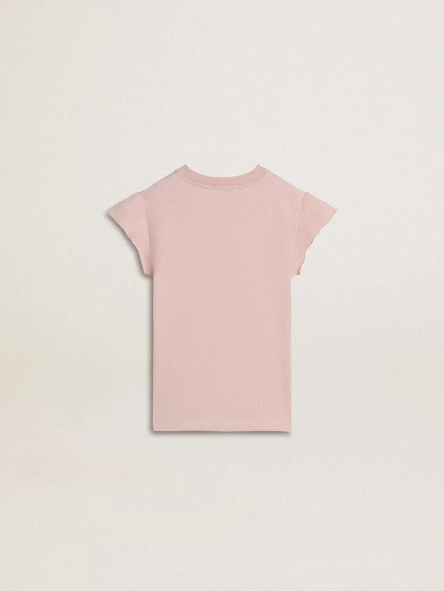 Camiseta rosa para niñas con mangas con volantes y bordado