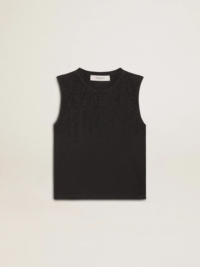 Camiseta sin mangas en negro desgastado con bordado degradado tono sobre tono