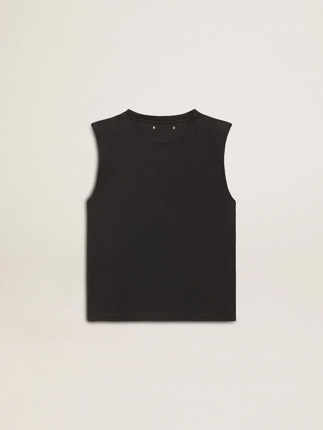 Camiseta sin mangas en negro desgastado con bordado degradado tono sobre tono