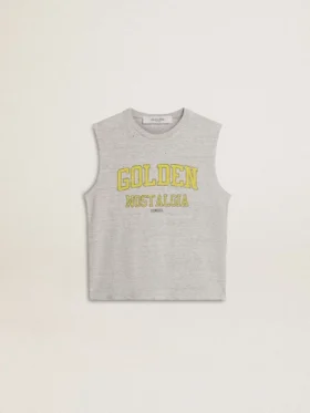 Camiseta sin mangas gris para mujer con estampado amarillo