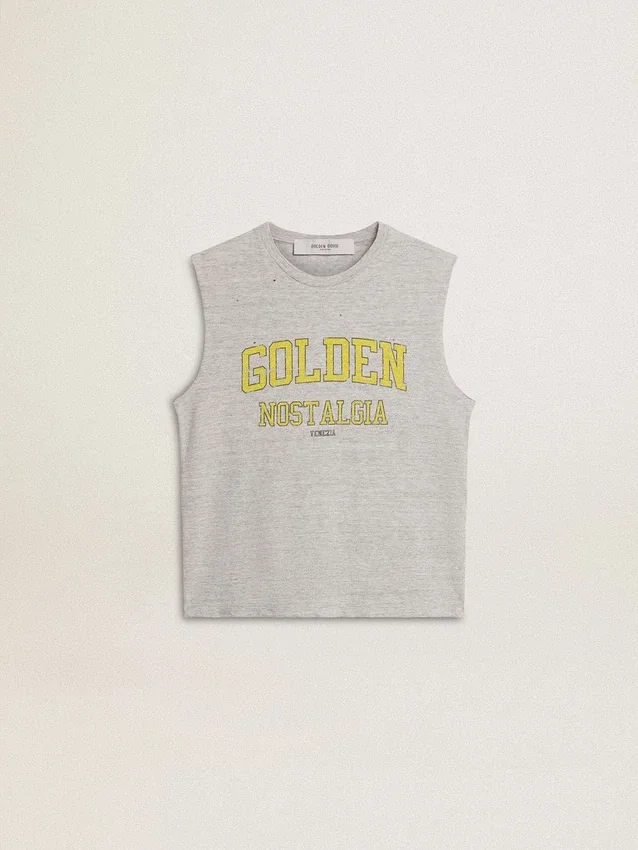 Camiseta sin mangas gris para mujer con estampado amarillo