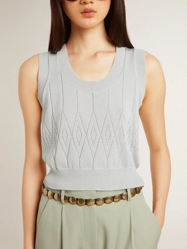 Camiseta sin mangas para mujer en punto azul claro