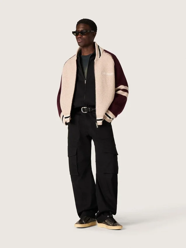 Chaqueta bomber unisex en tejido de punto jacquard blanco y burdeos