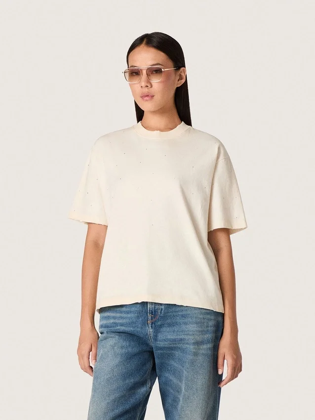 Camiseta unisex «Star» de algodón blanco con cristales degradados por toda la prenda y estampado en la espalda