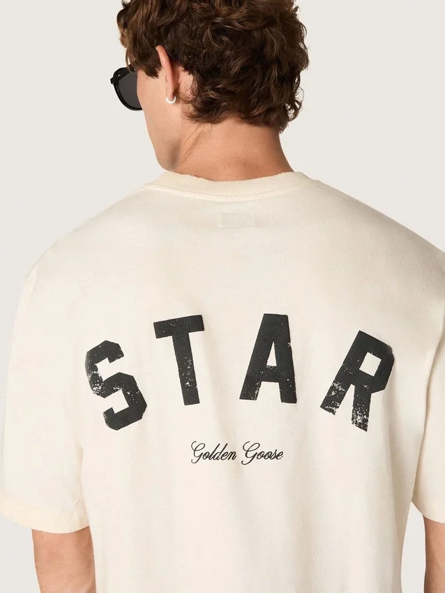 Camiseta unisex Star de algodón en blanco vintage con estampado negro en la espalda