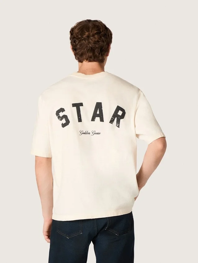 Camiseta unisex Star de algodón en blanco vintage con estampado negro en la espalda