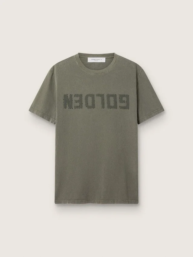 Camiseta verde oliva para hombre con letras doradas