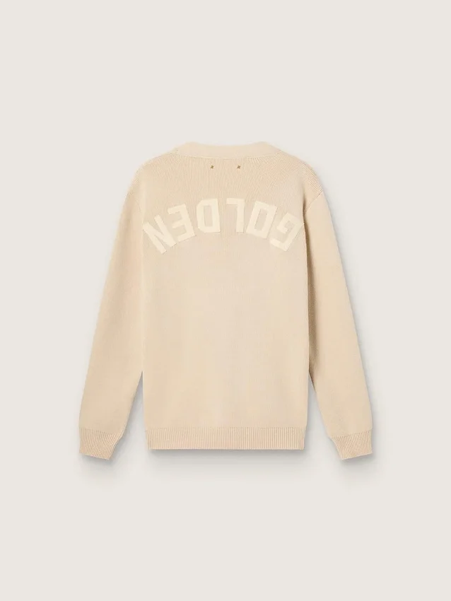Cardigan beige para hombre con la inscripción «Golden» en la espalda