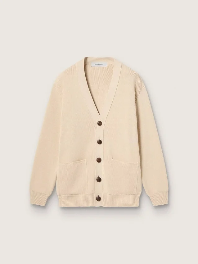 Cardigan beige para mujer con la inscripción «Golden» en la espalda