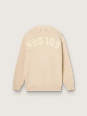Cardigan beige para mujer con la inscripción «Golden» en la espalda