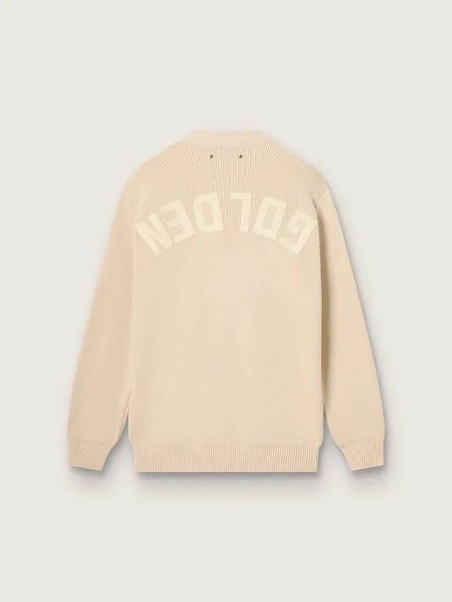 Cardigan beige para mujer con la inscripción «Golden» en la espalda