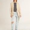 Cardigan beige para mujer con la inscripción «Golden» en la espalda