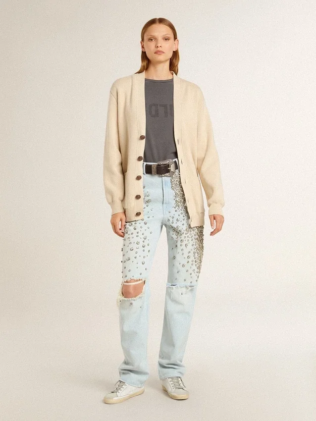 Cardigan beige para mujer con la inscripción «Golden» en la espalda