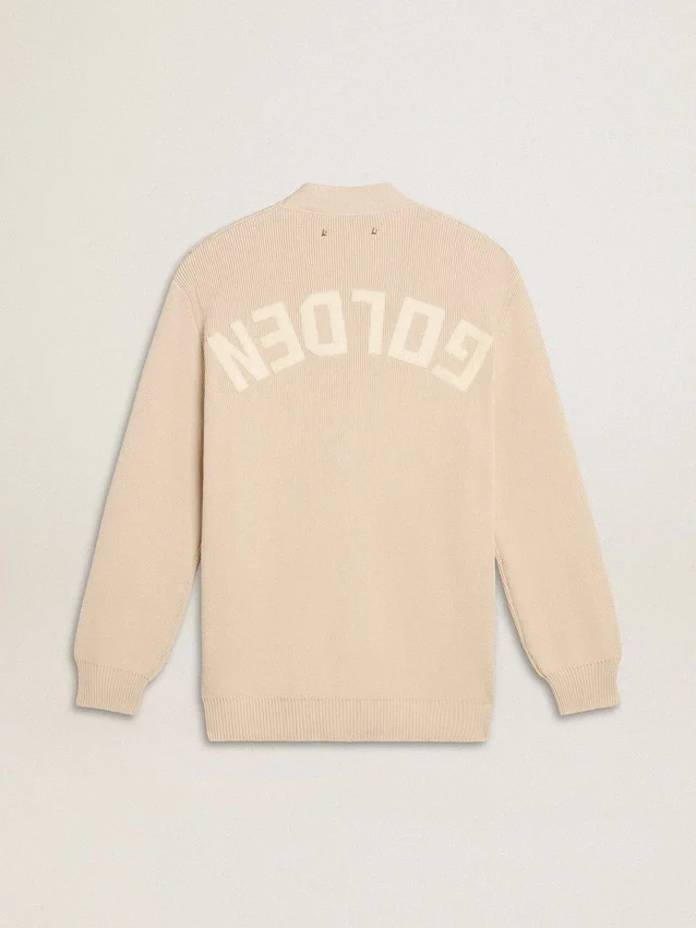 Cardigan beige para mujer con la inscripción «Golden» en la espalda