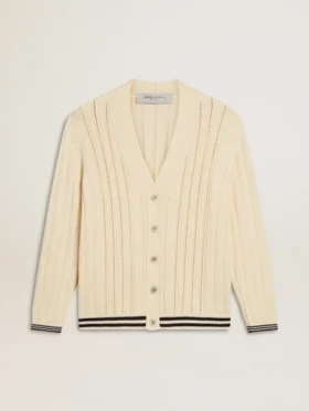 Cardigan de algodón blanco para hombre con diseño de trenzado y ribetes azules