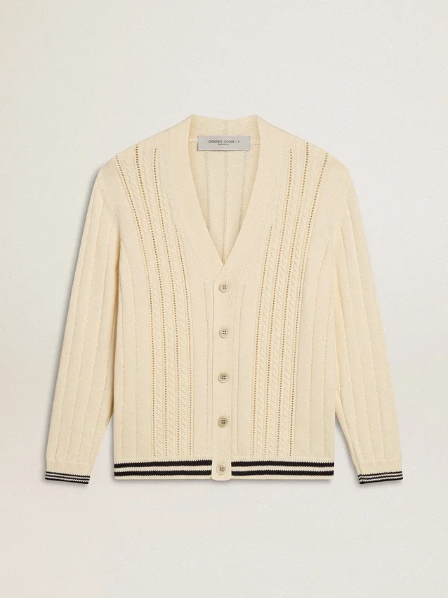 Cardigan de algodón blanco para hombre con diseño de trenzado y ribetes azules
