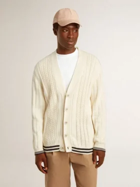 Cardigan de algodón blanco para hombre con diseño de trenzado y ribetes azules