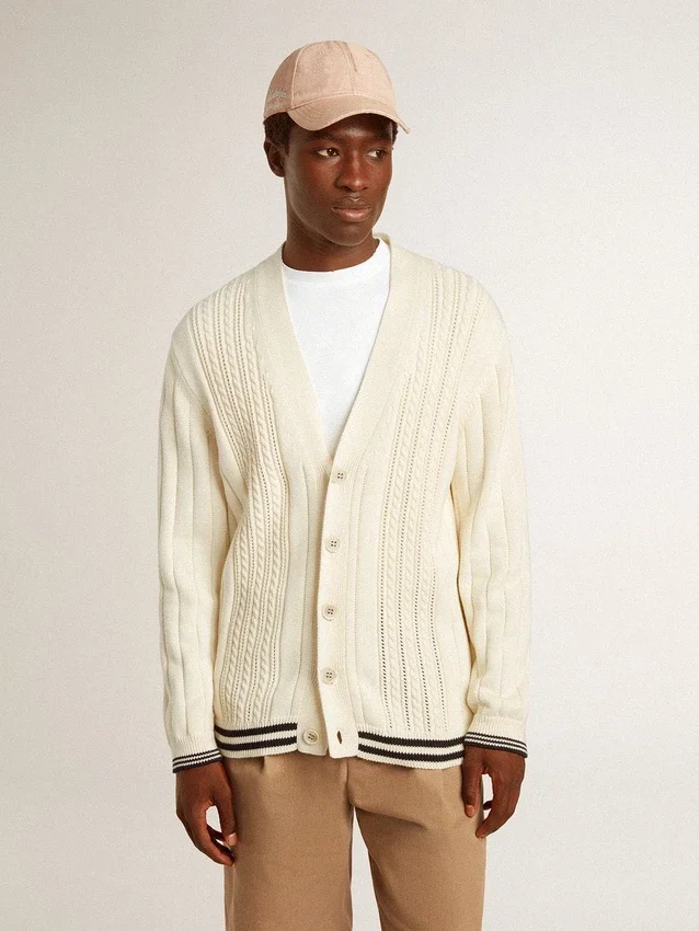 Cardigan de algodón blanco para hombre con diseño de trenzado y ribetes azules