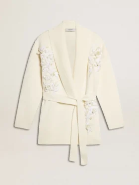 Cardigan de algodón color crema para mujer con bordado floral