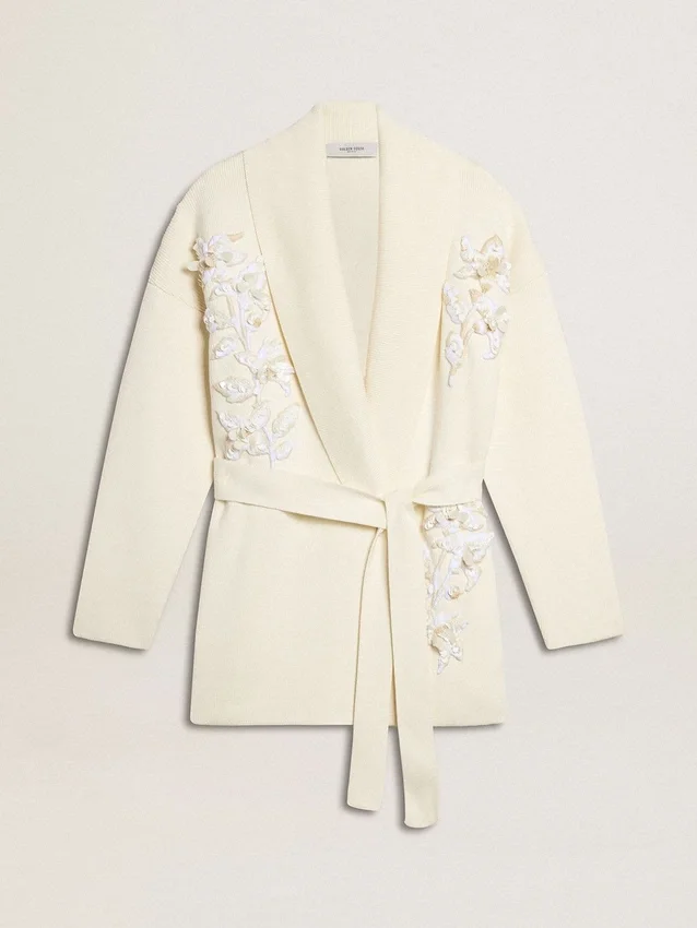 Cardigan de algodón color crema para mujer con bordado floral