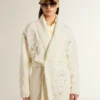 Cardigan de algodón color crema para mujer con bordado floral