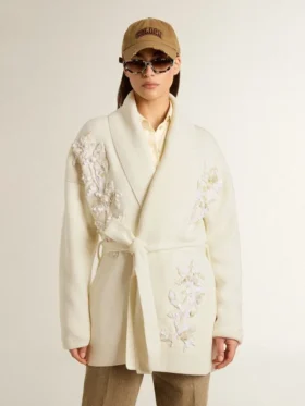Cardigan de algodón color crema para mujer con bordado floral