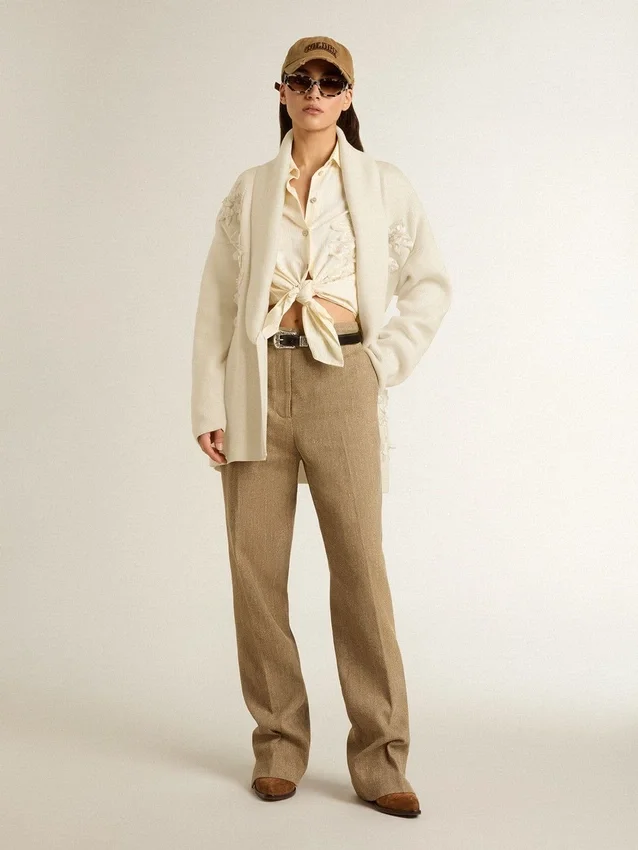 Cardigan de algodón color crema para mujer con bordado floral