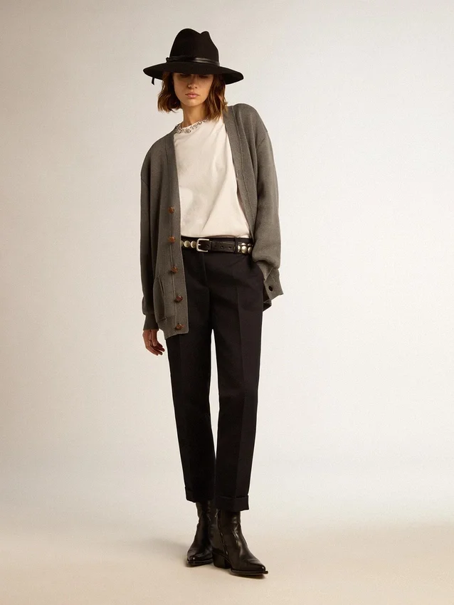 Cardigan de algodón gris melange para mujer con logotipo en la espalda