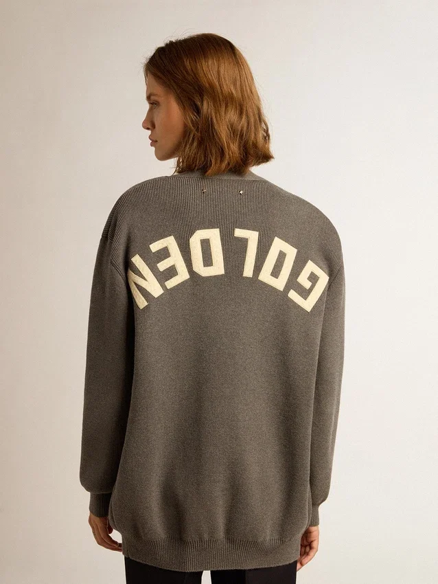 Cardigan de algodón gris melange para mujer con logotipo en la espalda