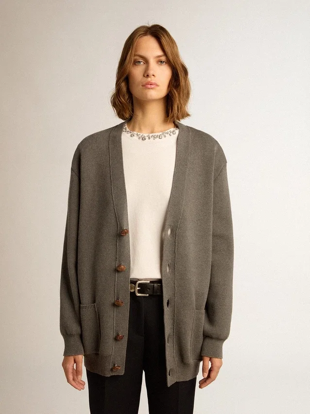 Cardigan de algodón gris melange para mujer con logotipo en la espalda