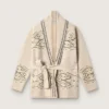 Cardigan de mujer con cinturón en mezcla de lana beige con bordados en contraste