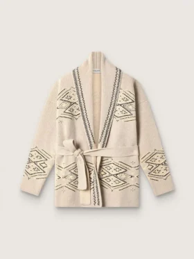Cardigan de mujer con cinturón en mezcla de lana beige con bordados en contraste