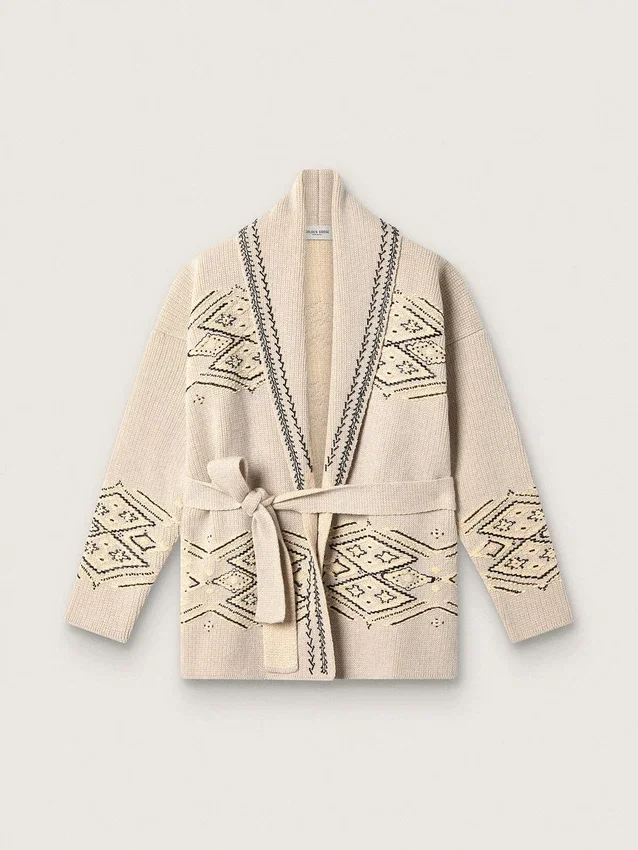 Cardigan de mujer con cinturón en mezcla de lana beige con bordados en contraste