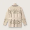 Cardigan de mujer con cinturón en mezcla de lana beige con bordados en contraste