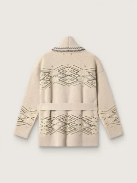 Cardigan de mujer con cinturón en mezcla de lana beige con bordados en contraste