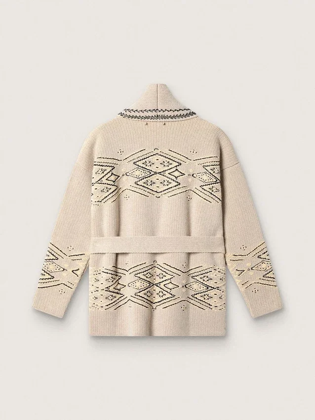 Cardigan de mujer con cinturón en mezcla de lana beige con bordados en contraste