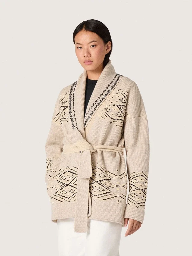 Cardigan de mujer con cinturón en mezcla de lana beige con bordados en contraste