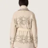 Cardigan de mujer con cinturón en mezcla de lana beige con bordados en contraste