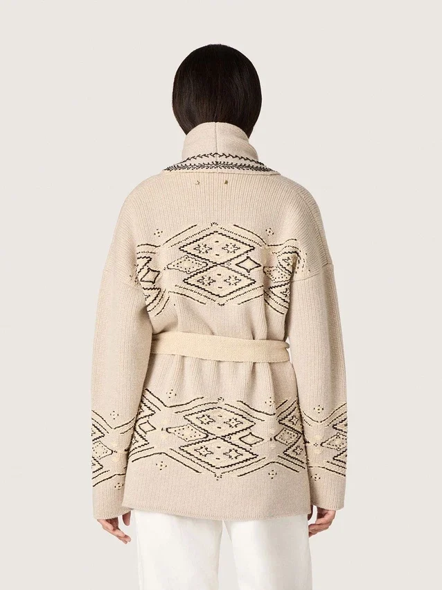 Cardigan de mujer con cinturón en mezcla de lana beige con bordados en contraste
