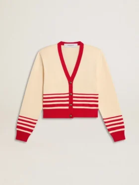 Cardigan de mujer en color crema con rayas rojas