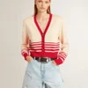 Cardigan de mujer en color crema con rayas rojas