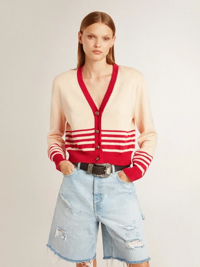 Cardigan de mujer en color crema con rayas rojas