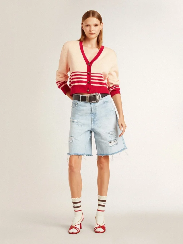 Cardigan de mujer en color crema con rayas rojas