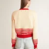 Cardigan de mujer en color crema con rayas rojas